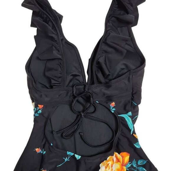 CUPSHE Black Floral Ruffled Lace Up Onepice Swimsuit Size Medium - Picture 8 of 9